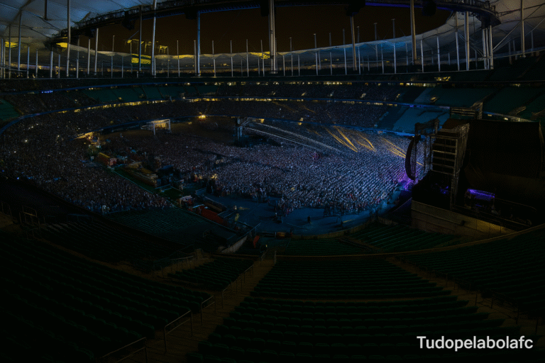 "Multidão lota estádio brasileiro em noite de espetáculo musical, com palco iluminado e atmosfera vibrante. Marca d’água tudopelabolafc."