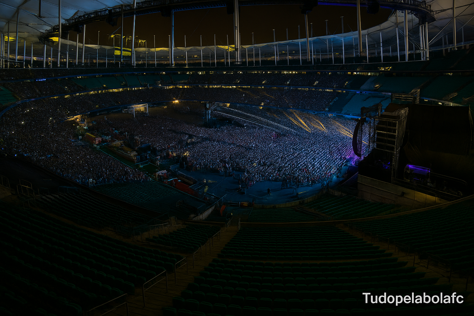 "Multidão lota estádio brasileiro em noite de espetáculo musical, com palco iluminado e atmosfera vibrante. Marca d’água tudopelabolafc."