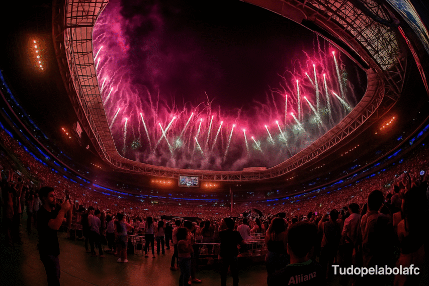 "Fogos de artifício iluminam o céu sobre o Allianz Parque lotado durante um show, com milhares de pessoas registrando o momento. Marca d’água tudopelabolafc."