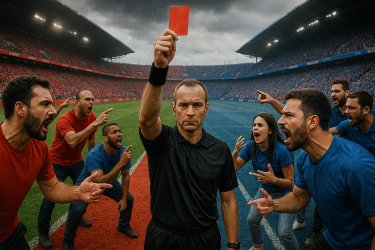 Árbitro mostra cartão vermelho em campo dividido em vermelho e azul com torcedores rivais discutindo, simbolizando polêmicas no futebol internacional.