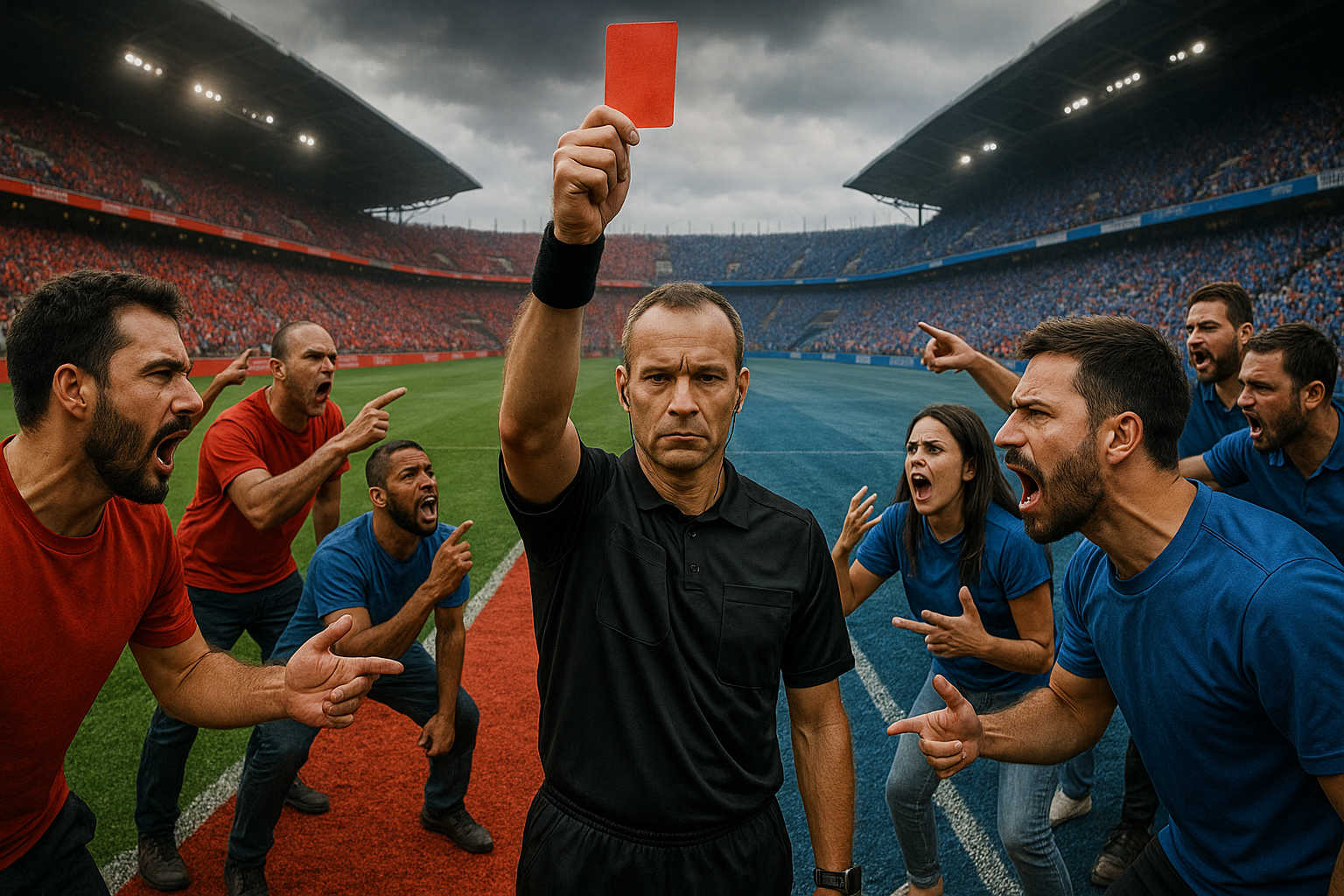 Árbitro mostra cartão vermelho em campo dividido em vermelho e azul com torcedores rivais discutindo, simbolizando polêmicas no futebol internacional.