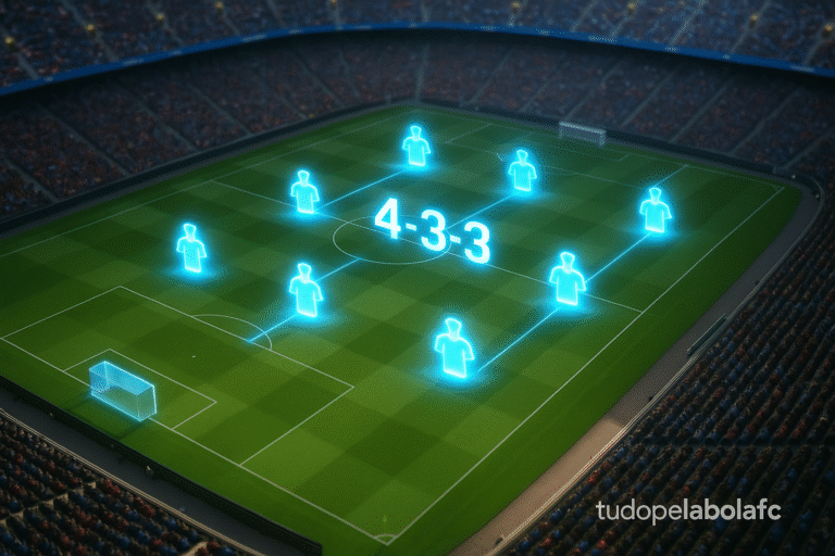 Esquema tático 4-3-3 em um estádio cheio, com ícones de jogadores iluminados no gramado.