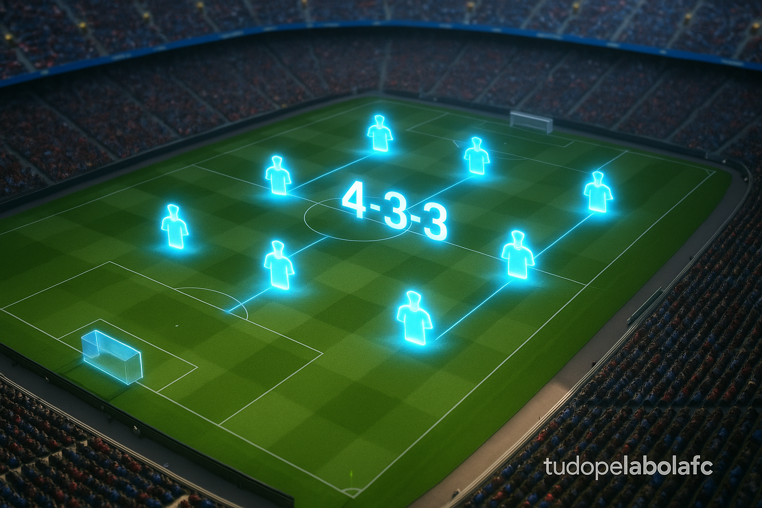 Esquema tático 4-3-3 em um estádio cheio, com ícones de jogadores iluminados no gramado.
