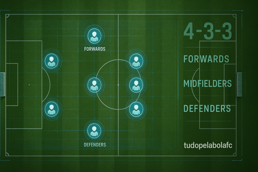 Representação digital da formação 4-3-3, destacando defensores, meio-campistas e atacantes no gramado.