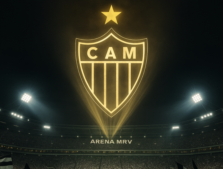 A Arena MRV ferveu: estádio cheio, torcida vibrando e o símbolo do Atlético-MG brilhando no céu em dourado.