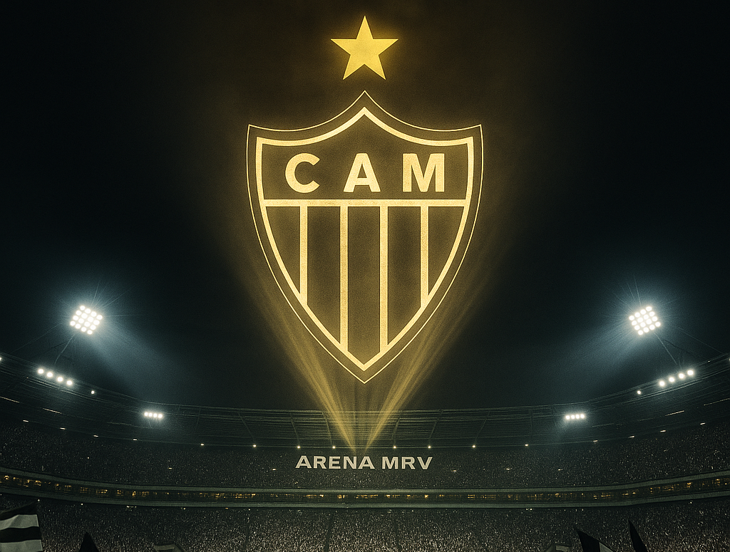 A Arena MRV ferveu: estádio cheio, torcida vibrando e o símbolo do Atlético-MG brilhando no céu em dourado.