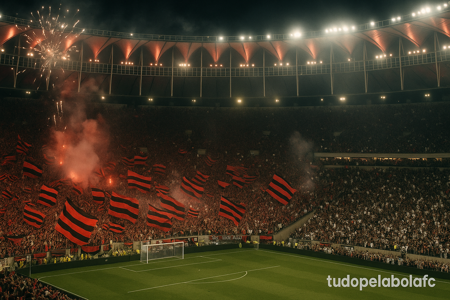 Torcida do Flamengo lota o Maracanã à noite, com bandeiras rubro-negras, fumaça e fogos iluminando o estádio.