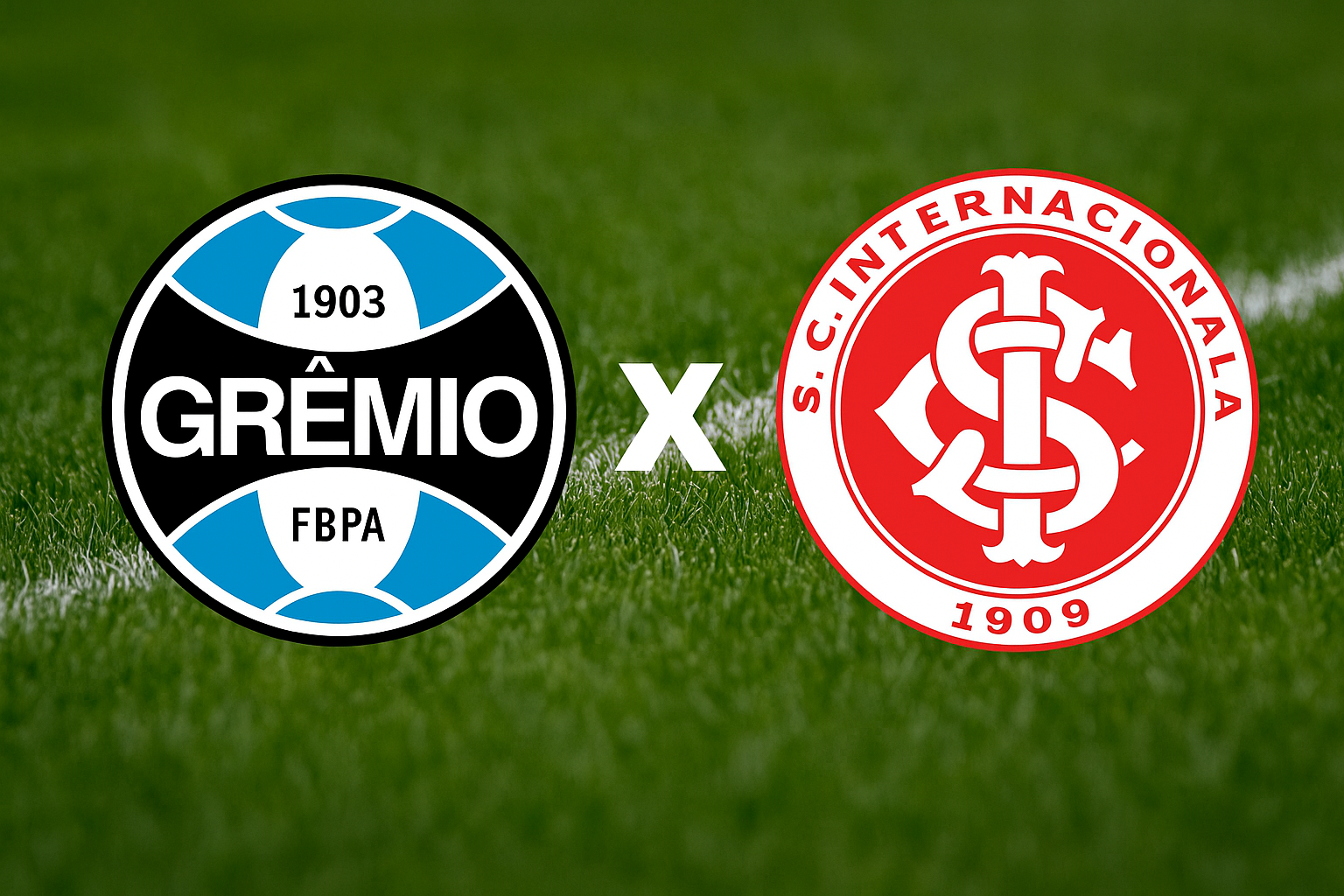 Escudos do Grêmio e do Internacional lado a lado em um gramado, representando o clássico Gre-Nal.
