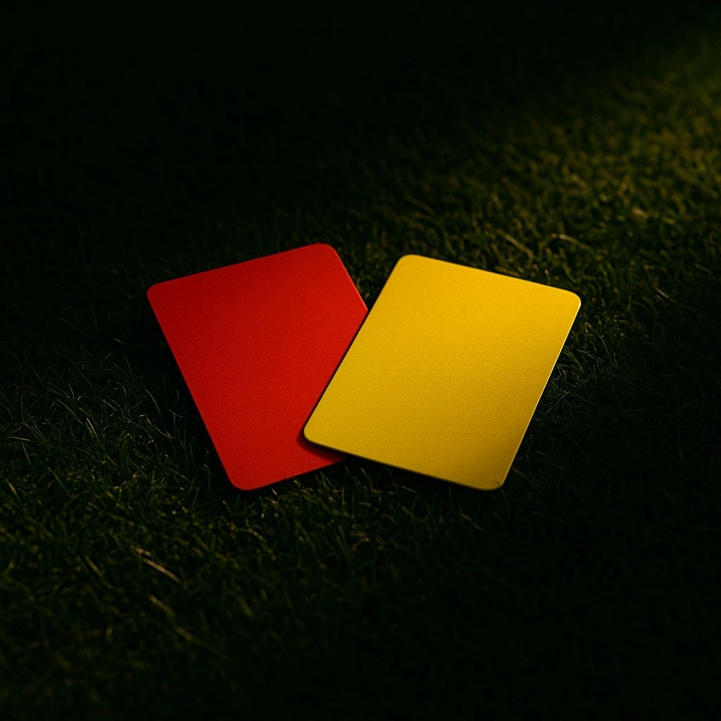 Cartões vermelho e amarelo sobre a grama com iluminação dramática em fundo escuro.