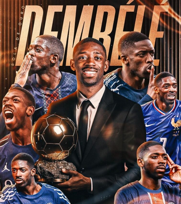 Ousmane Dembélé posa com a Bola de Ouro 2025 em montagem com momentos de sua carreira no PSG e na seleção francesa.