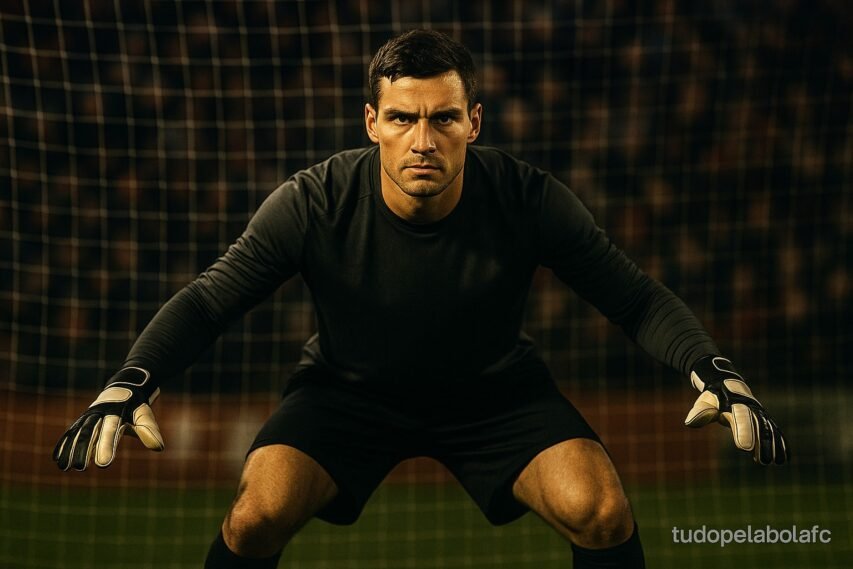Goleiro de uniforme preto em posição defensiva diante do gol.