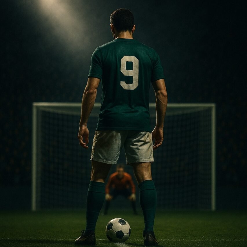 Jogador número 9 se prepara para cobrar pênalti diante do goleiro.