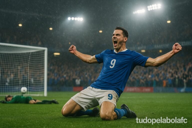 Jogador número 9 de azul comemora gol deslizando no gramado.