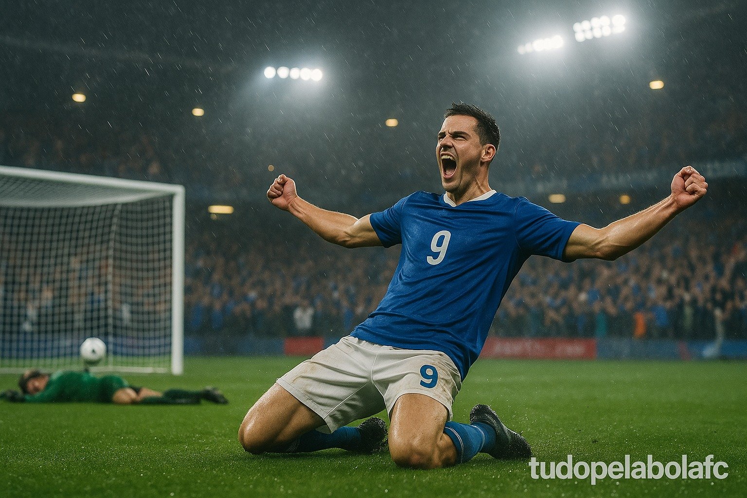 Jogador número 9 de azul comemora gol deslizando no gramado.
