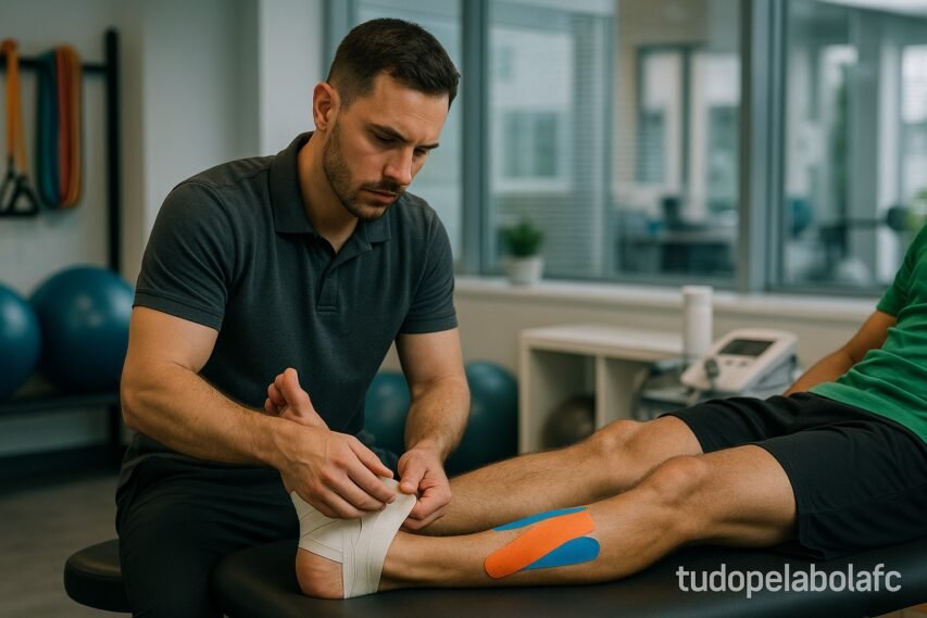 Fisioterapeuta faz enfaixamento no tornozelo de um atleta com bandagem funcional.