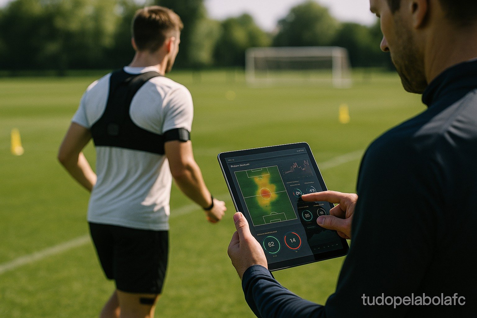Preparador físico analisa desempenho de atleta através de tablet com mapa de calor.