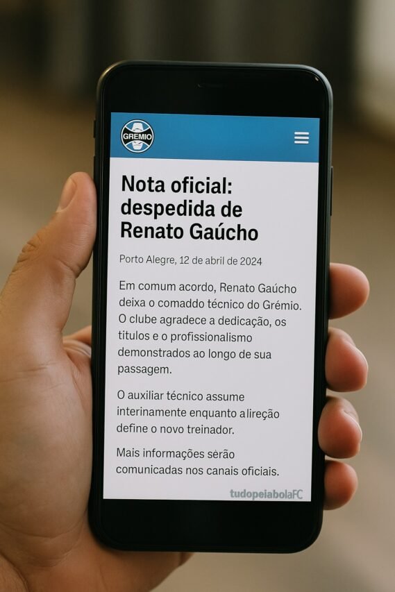  Um torcedor segura o celular com a nota oficial do Grêmio anunciando a saída de Renato Gaúcho do comando técnico. O comunicado agradece títulos, dedicação e profissionalismo, e informa que o auxiliar assume interinamente.