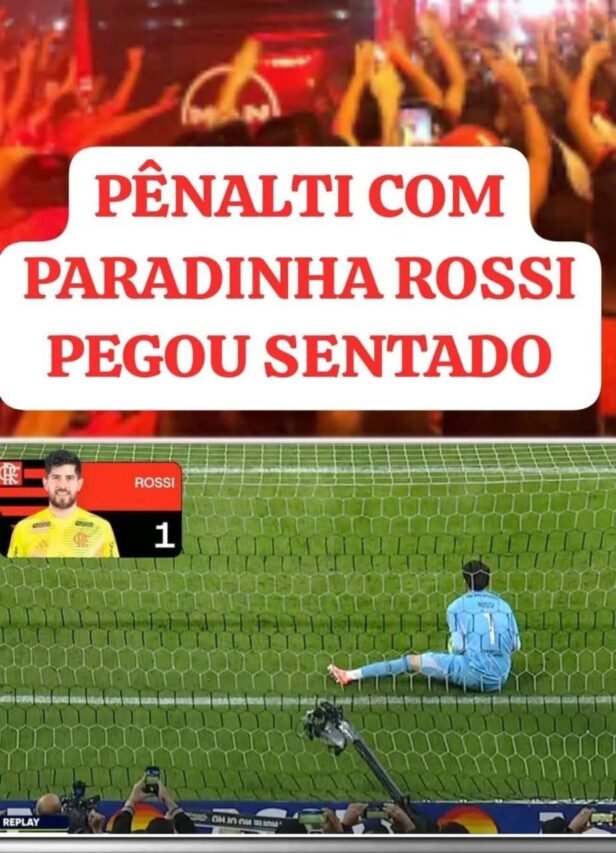 Goleiro Rossi do Flamengo defende um pênalti sentado no gramado do Maracanã após cobrança com paradinha.