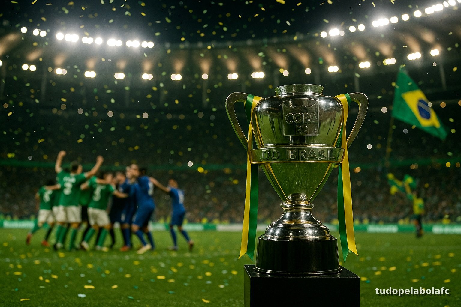 Taça da Copa do Brasil prateada, com laços verde e amarelo, em primeiro plano no gramado de um estádio iluminado; marca d’água “tudopelabolafc” em diagonal.