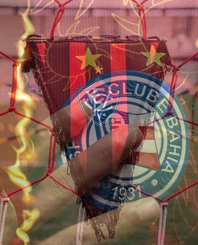 Montagem com o escudo do Bahia sobre a camisa tricolor e o estandarte do Vitória preso à rede do gol, integrados em uma única imagem que simboliza o clássico Ba-Vi.
